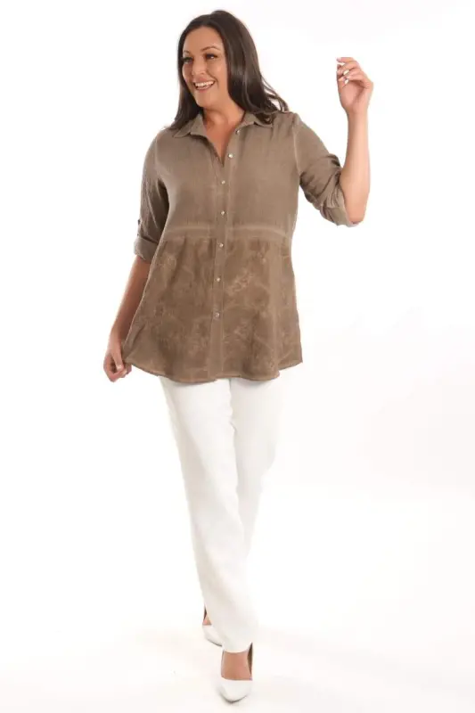 Angelino Plus Size Brown Front Bottom Embroidered Batik Washed Shirt - 1