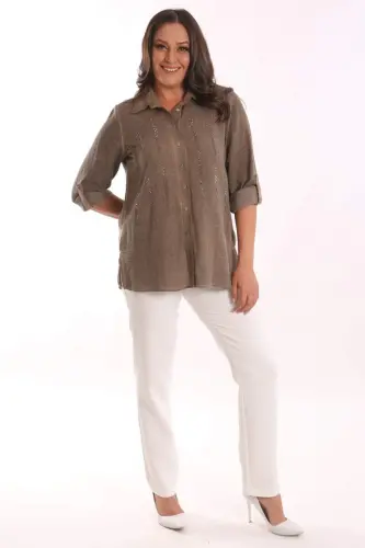 Angelino Plus Size Brown Stone Printed Batik Washed Shirt - BÜYÜKBEDENIZ (1)