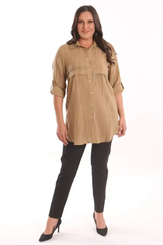 Angelino Plus Size Brown Stone Printed Collared Shirt - 2