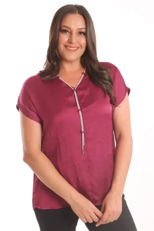 Angelino Plus Size Burgundy Crushed Satin Blouse with Chain Detail - 1