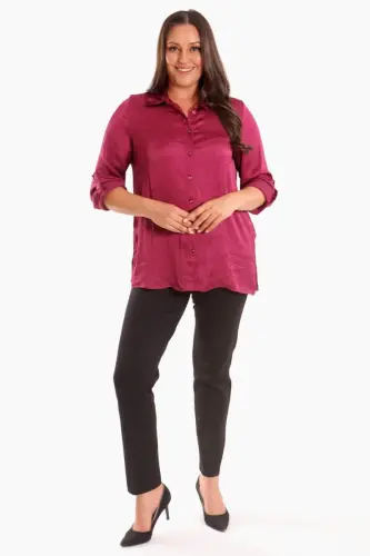 Angelino Plus Size Burgundy Crushed Satin Shirt - 2