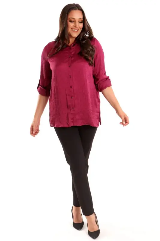Angelino Plus Size Burgundy Crushed Satin Shirt - 4