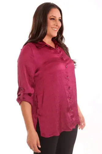Angelino Plus Size Burgundy Crushed Satin Shirt - 5