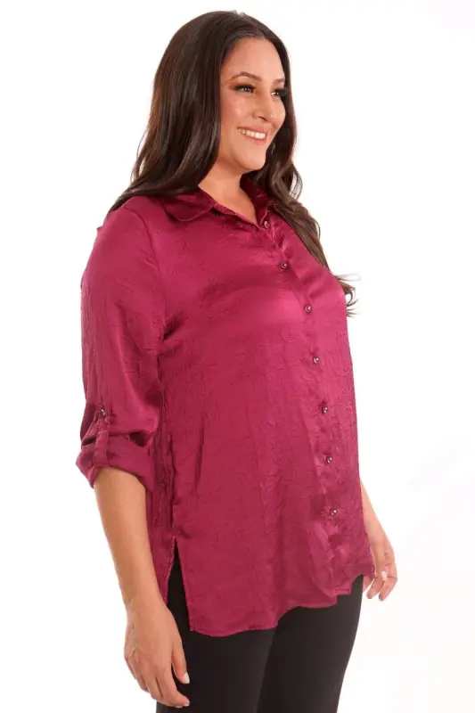 Angelino Plus Size Burgundy Crushed Satin Shirt - 5