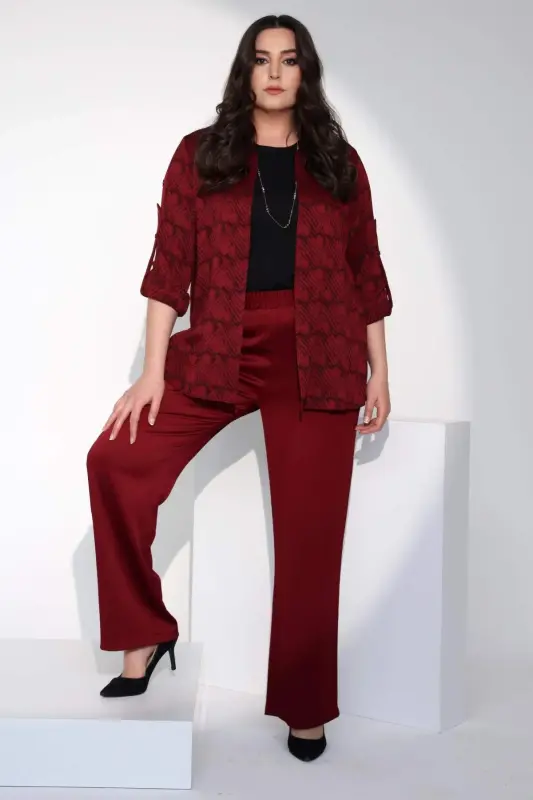 Angelino Plus Size Burgundy Elastic Waist Trousers - BÜYÜKBEDENIZ