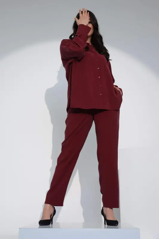 Angelino Plus Size Burgundy Elastic Waist Trousers - 5