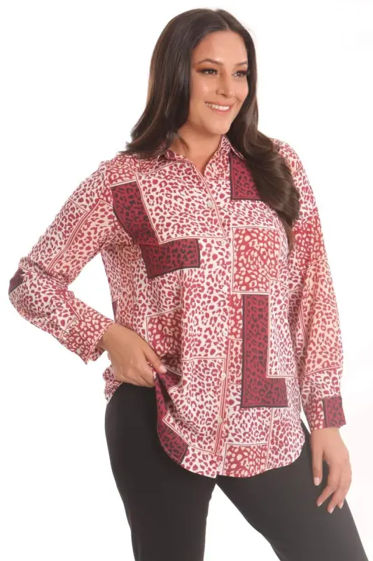 Angelino Plus Size Burgundy Leopard Pattern Digital Printed Shirt - 1