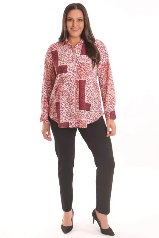 Angelino Plus Size Burgundy Leopard Patterned Digitally Printed Shirt - 2