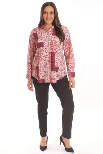 Angelino Plus Size Burgundy Leopard Print Digital Printed Shirt - BÜYÜKBEDENIZ (1)
