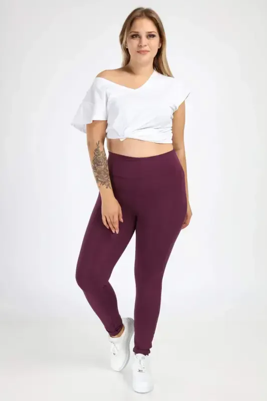 Angelino Plus Size Burgundy Shaping High-Waist Plain Leggings 23976 - 1