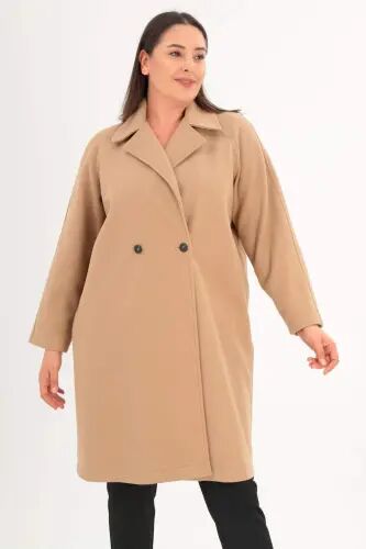 Angelino Plus Size Button Detailed Beaver Coat Beige - Büyükbedeniz (1)