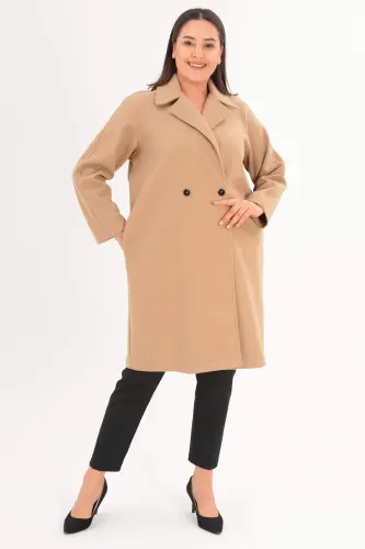 Angelino Plus Size Button Detailed Cashmere Beige Coat - 1