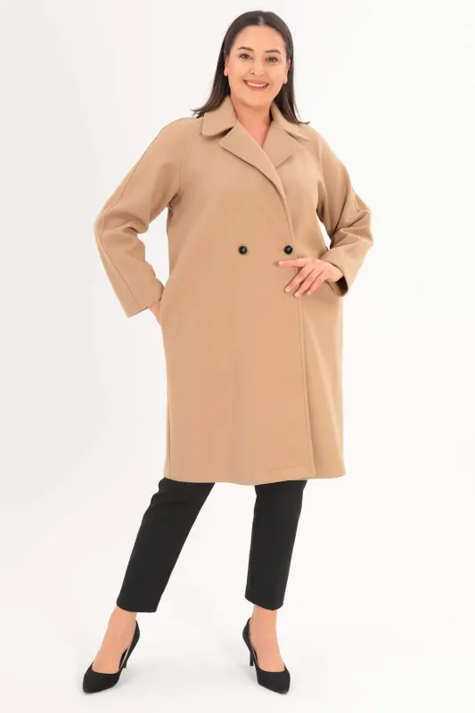 Angelino Plus Size Button Detailed Cashmere Beige Coat - 1