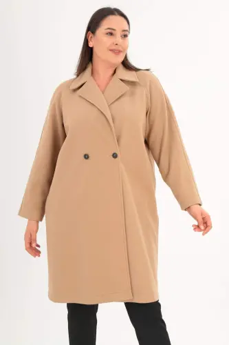 Angelino Plus Size Button Detailed Cashmere Beige Coat - Büyükbedeniz (1)