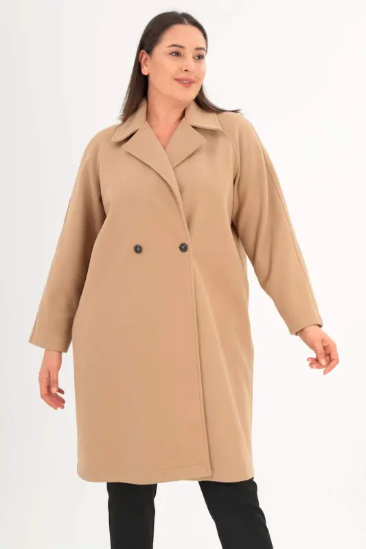 Angelino Plus Size Button Detailed Cashmere Beige Coat - 2