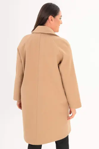 Angelino Plus Size Button Detailed Cashmere Beige Coat - 5