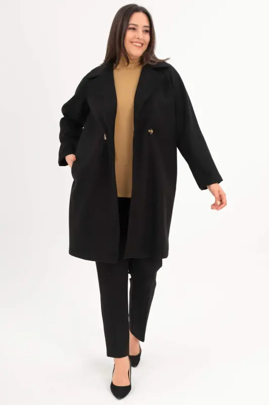 Angelino Plus Size Button Detailed Cashmere Black Coat - 1