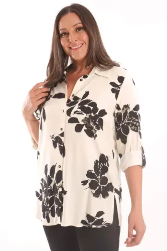 Angelino Plus Size Buttoned Floral Pattern Ecru Shirt - 1