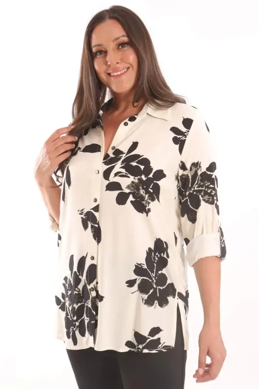 Angelino Plus Size Buttoned Floral Pattern Ecru Shirt - BÜYÜKBEDENIZ