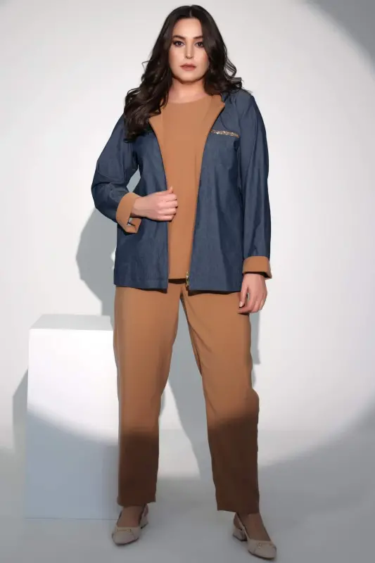 Angelino Plus Size Camel Elastic Waist Trousers - 1
