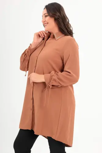 Angelino Plus Size Camel Tunic with Baguette Stone Collar - 3