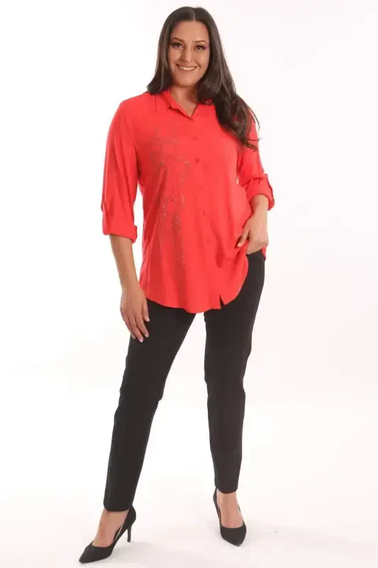 Angelino Plus Size Coral Stone Print Woven Shirt - 4