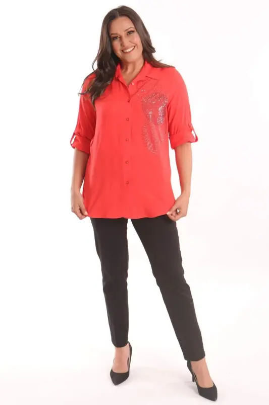 Angelino Plus Size Coral Stone Printed Woven Shirt - 2