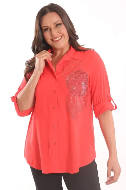 Angelino Plus Size Coral Stone Printed Woven Shirt - 3