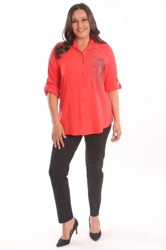 Angelino Plus Size Coral Stone Printed Woven Shirt - 4