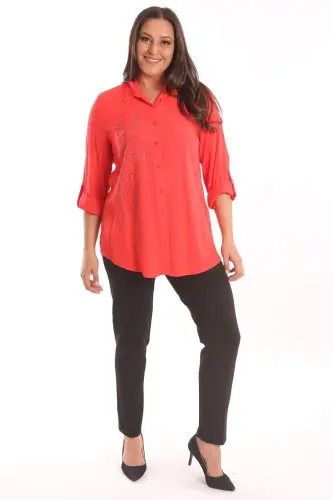 Angelino Plus Size Coral Stone Printed Woven Shirt - BÜYÜKBEDENIZ (1)