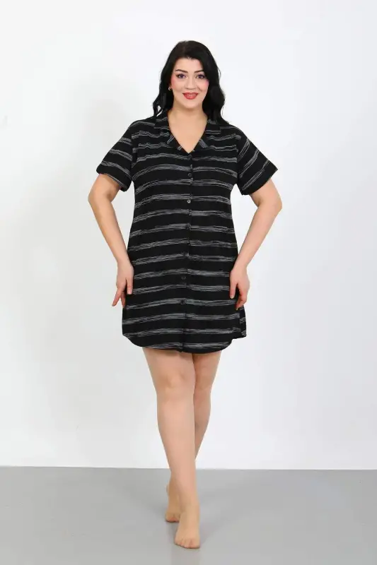 Angelino Plus Size Cotton Button-Down Black Tunic Nightgown 1033 - BÜYÜKBEDENIZ