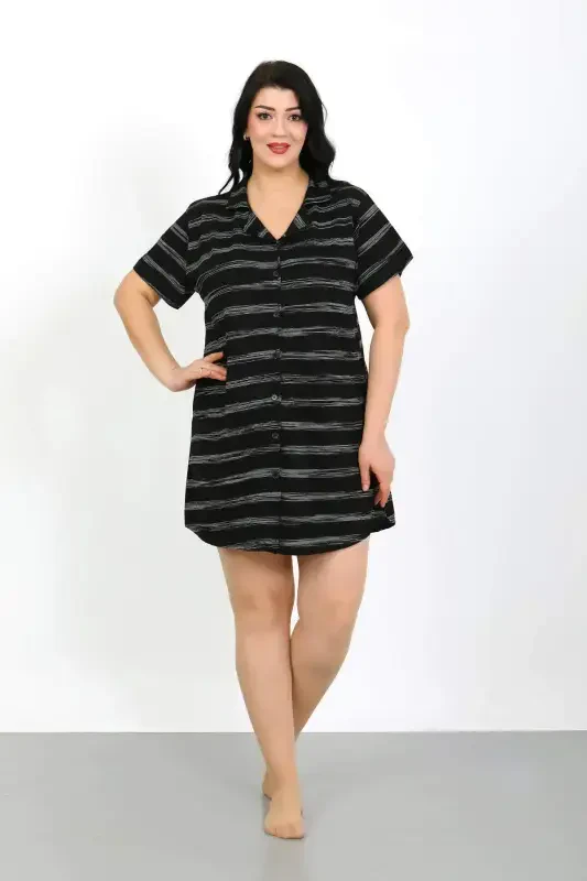 Angelino Plus Size Cotton Button-Down Black Tunic Nightgown 1033 - 4