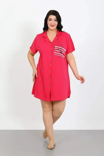 Angelino Plus Size Cotton Button-Down Fuchsia Tunic Nightgown 1025 - BÜYÜKBEDENIZ (1)