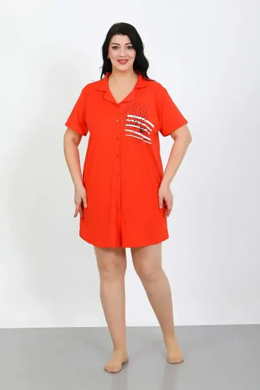 Angelino Plus Size Cotton Button-Down Poppy Print Tunic Nightgown 1025 - BÜYÜKBEDENIZ