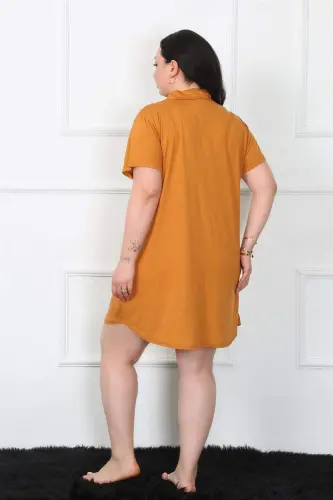 Angelino Plus Size Cotton Button Mustard Tunic Nightdress 1025 - BÜYÜKBEDENIZ (1)