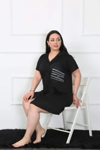 Angelino Plus Size Cotton Buttoned Black Tunic Nightgown 1025 - BÜYÜKBEDENIZ (1)