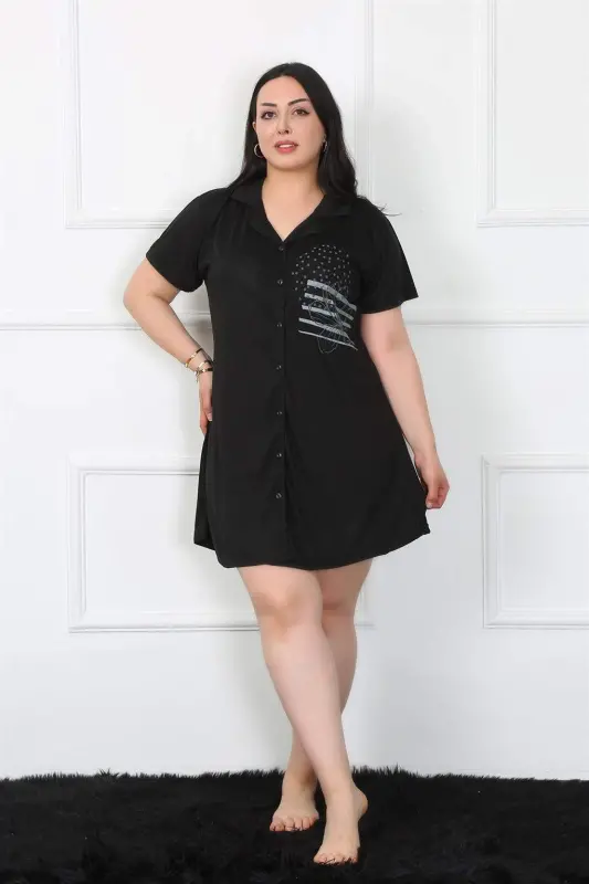 Angelino Plus Size Cotton Buttoned Black Tunic Nightgown 1025 - 1
