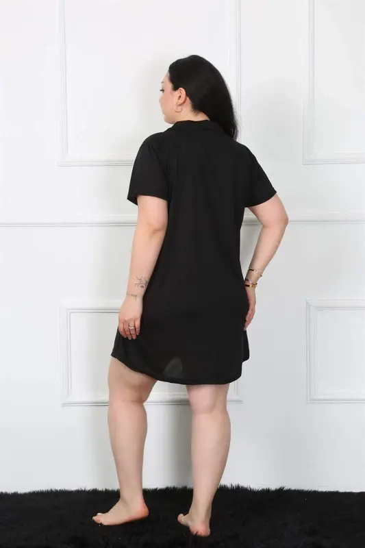 Angelino Plus Size Cotton Buttoned Black Tunic Nightgown 1025 - 4