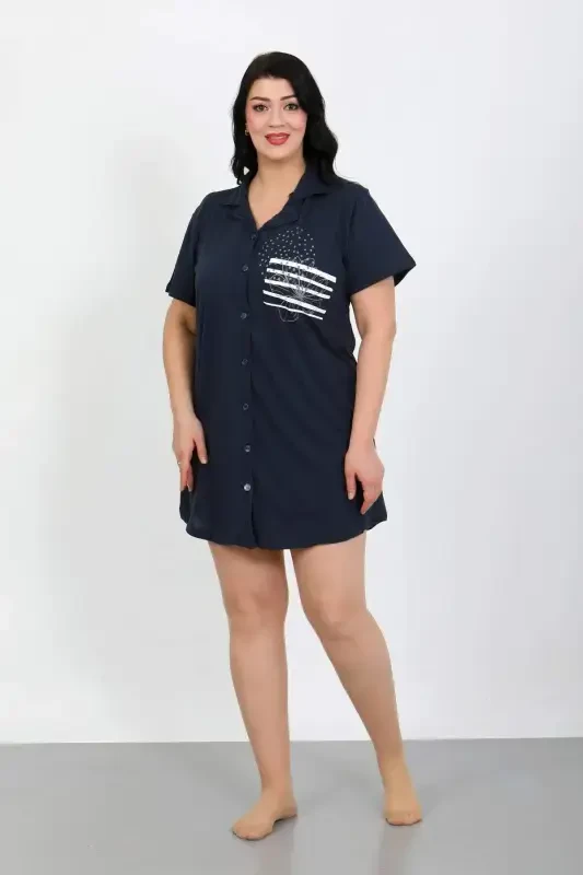Angelino Plus Size Cotton Buttoned Navy Tunic Nightdress 1025 - BÜYÜKBEDENIZ