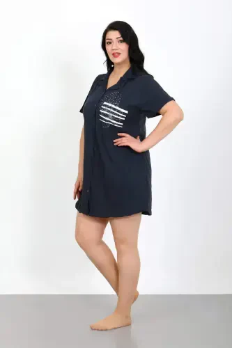 Angelino Plus Size Cotton Buttoned Navy Tunic Nightdress 1025 - BÜYÜKBEDENIZ (1)