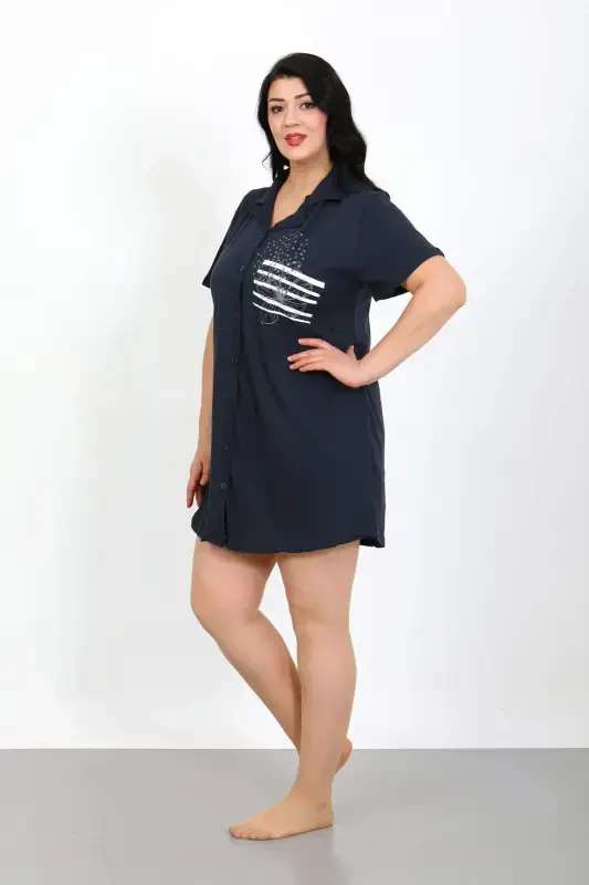 Angelino Plus Size Cotton Buttoned Navy Tunic Nightdress 1025 - 2