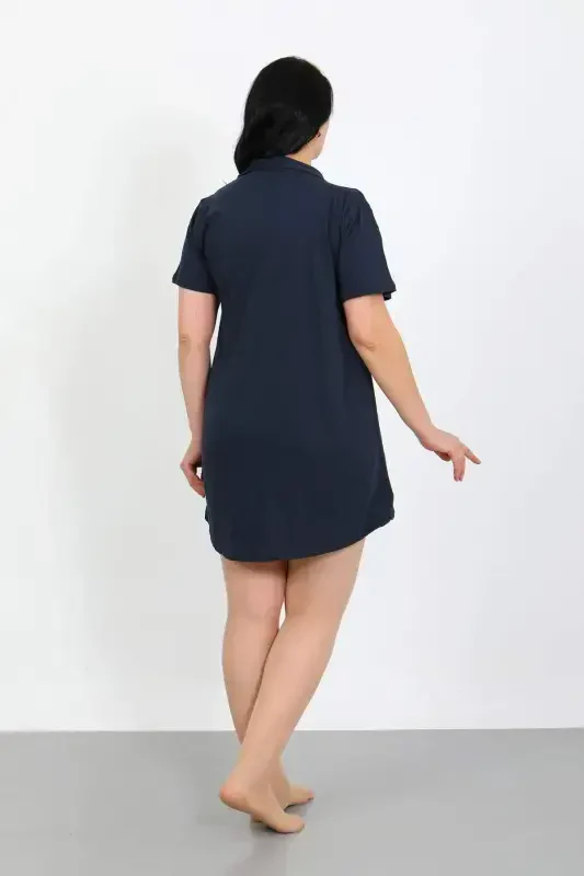 Angelino Plus Size Cotton Buttoned Navy Tunic Nightdress 1025 - 3