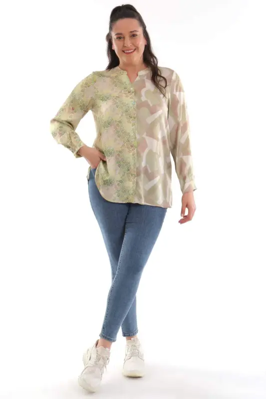 Angelino Plus Size Crew Neck Mosaic Pattern Printed Green Shirt - BÜYÜKBEDENIZ