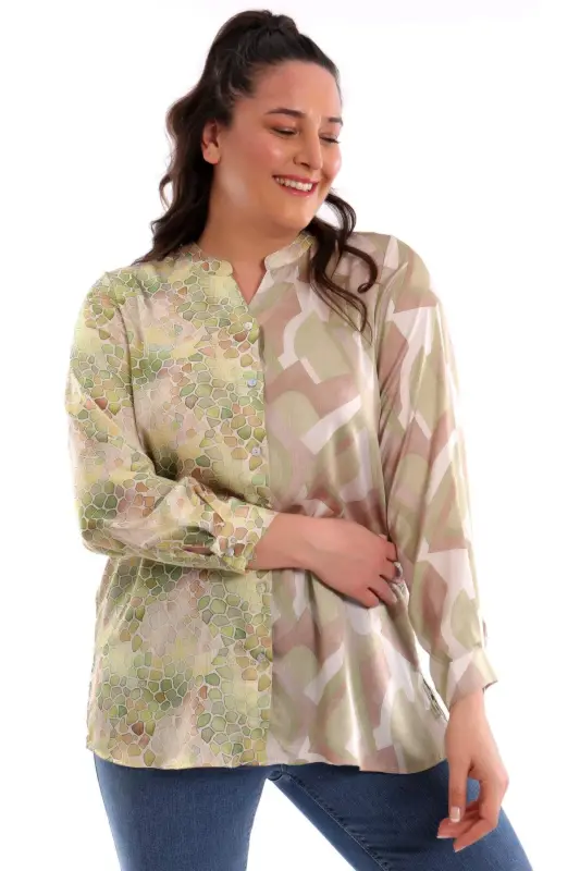 Angelino Plus Size Crew Neck Mosaic Pattern Printed Green Shirt - 2