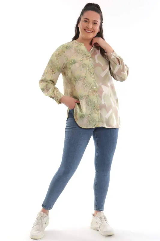 Angelino Plus Size Crew Neck Mosaic Pattern Printed Green Shirt - 3