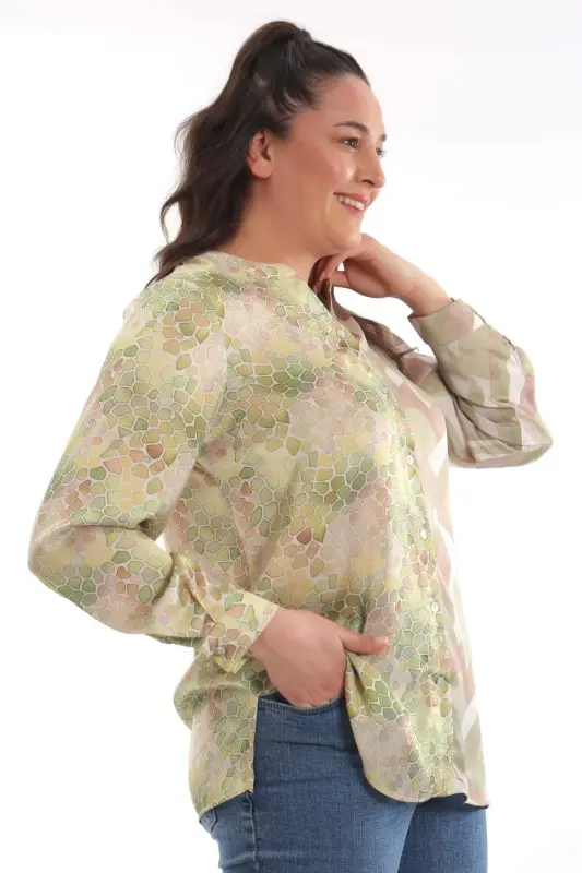 Angelino Plus Size Crew Neck Mosaic Pattern Printed Green Shirt - 4