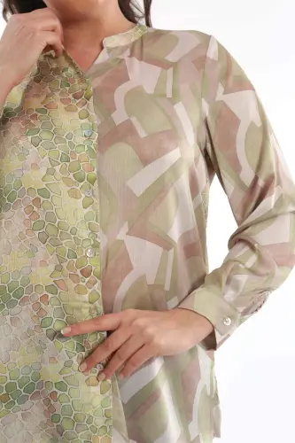 Angelino Plus Size Crew Neck Mosaic Pattern Printed Green Shirt - 5