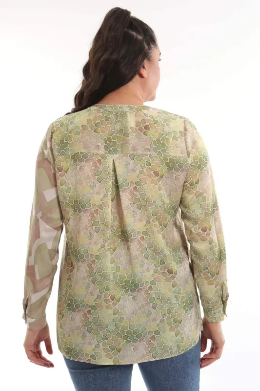 Angelino Plus Size Crew Neck Mosaic Pattern Printed Green Shirt - 6