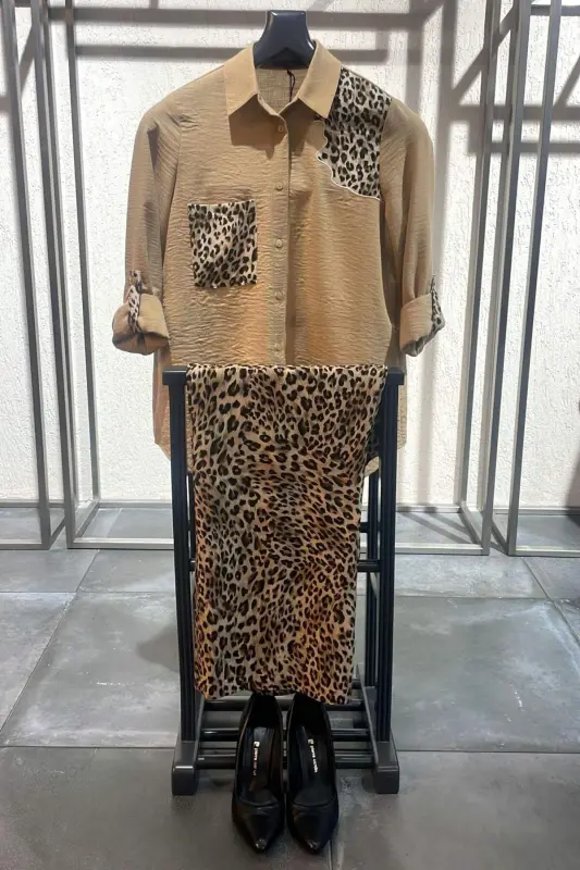 Angelino Plus Size Decorative Pocket Detail Leopard Embroidered Camel Shirt - 1