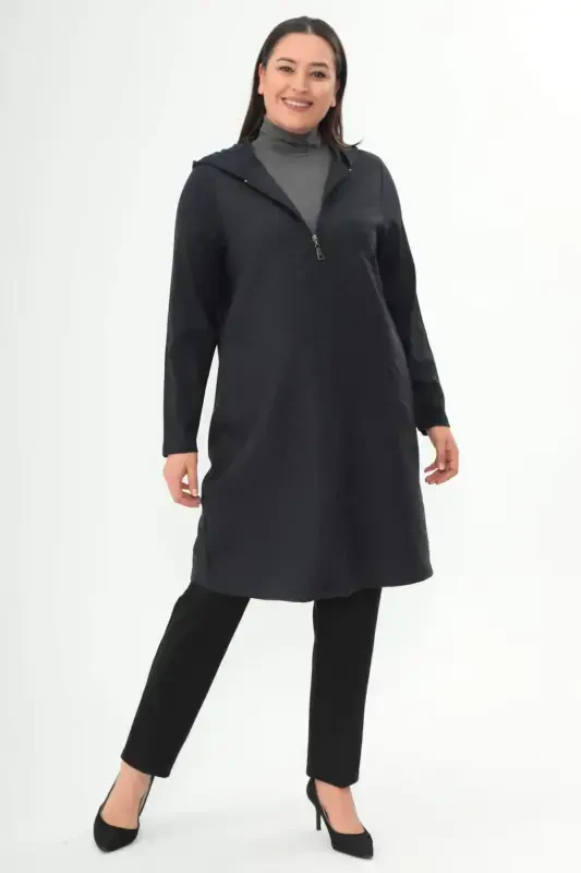 Angelino Plus Size Diamond Pattern Zippered Navy Blue Coat - BÜYÜKBEDENIZ